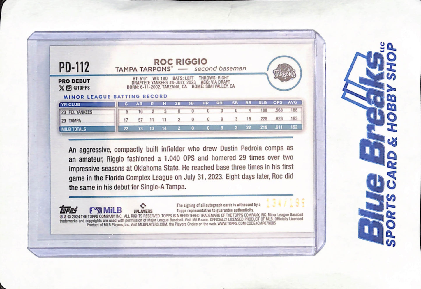 2024 Topps Pro-Debut - Roc Riggio - Sparkle Foil Autograph - Tampa Tarpons - Baseball - 134/199 - #PD-112