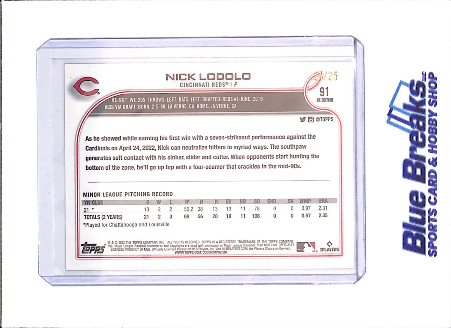 2022 Topps UK Edition - Nick Lodolo - 24/25 - RC - Cincinnati Reds - Baseball - #91 - drop