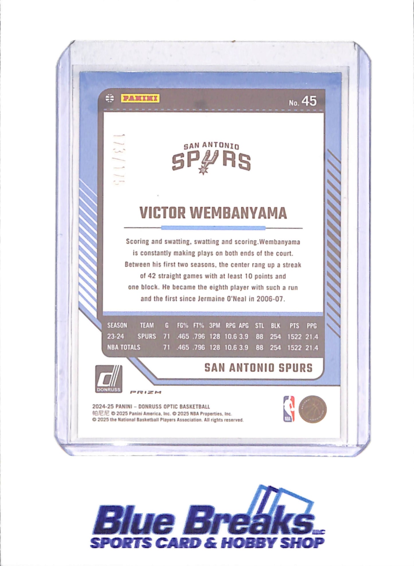 2024 Panini Donruss Optic - Victor Wembanyama - Blue Hyper Prizm - 173/175 - San Antonio Spurs - Basketball - #45 - drop