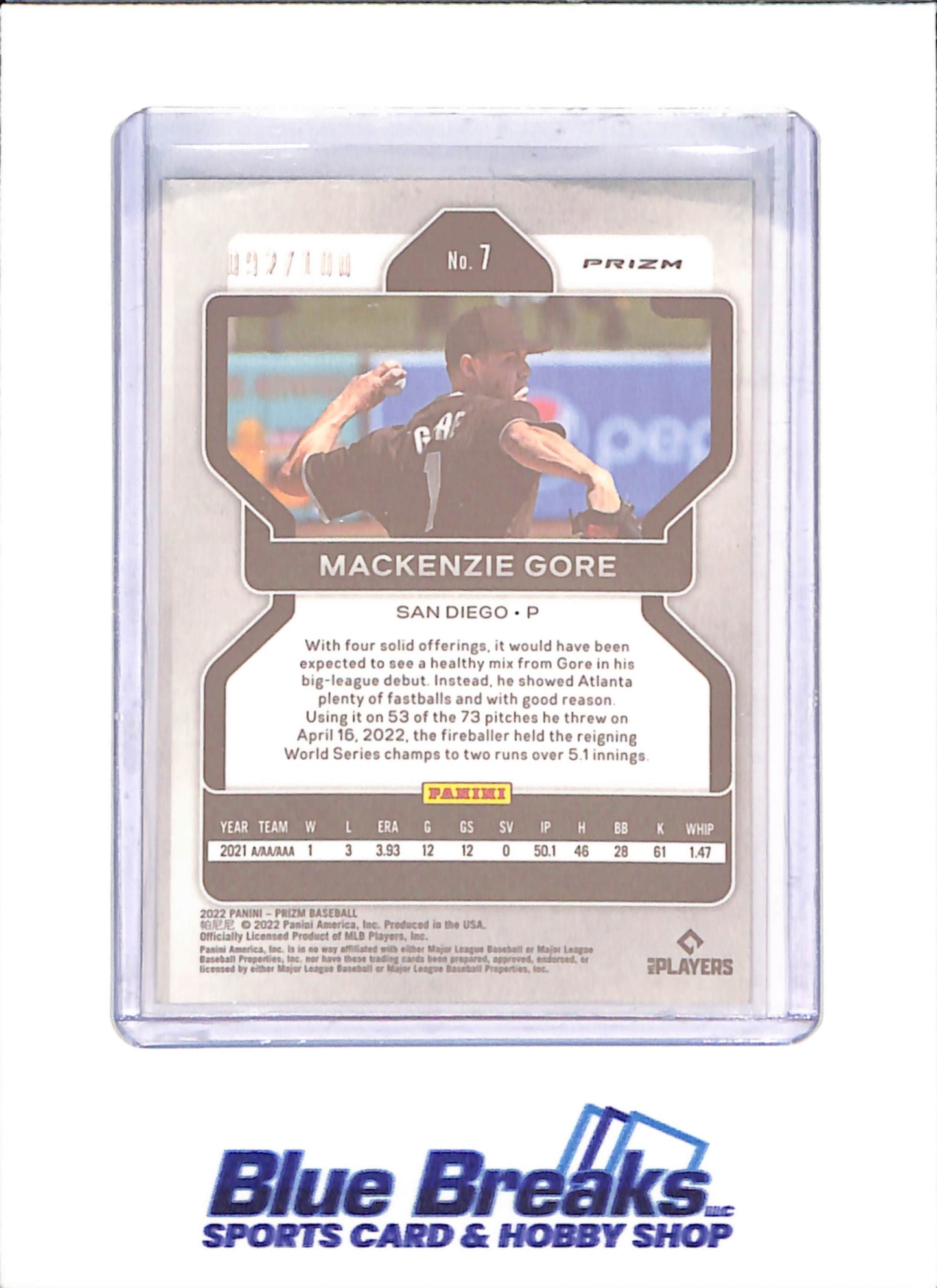2022 Panini Prizm - Mackenzie Gore - Gold - RC - 92/100 - San Diego Padres - Baseball - #7 - drop