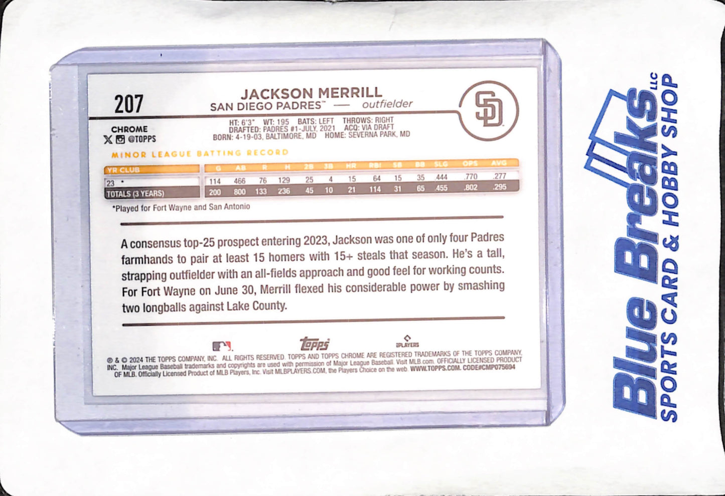 2024 Topps Chrome - Jackson Merrill - Sepia Refractor - San Diego Padres - Baseball - #207