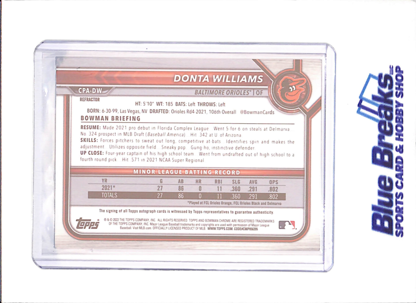 2022 Bowman Chrome - Donta Williams Autograph - 322/499 - Baltimore Orioles - Baseball - #CPA-DW - drop