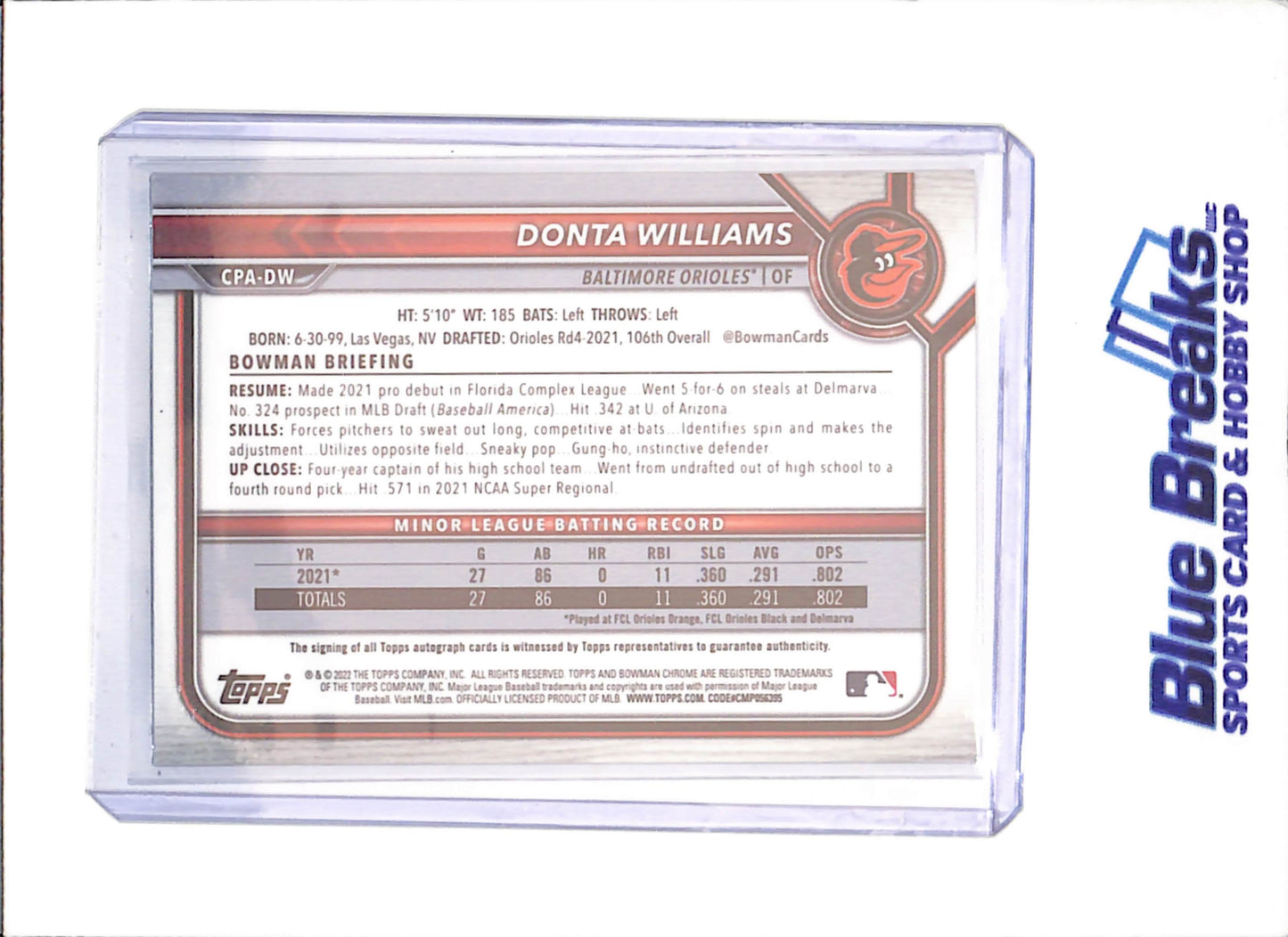 2022 Bowman Chrome - Donta Williams - Sparkle Autograph - 28/299 - Baltimore Orioles - Baseball - #CPA-DW - drop