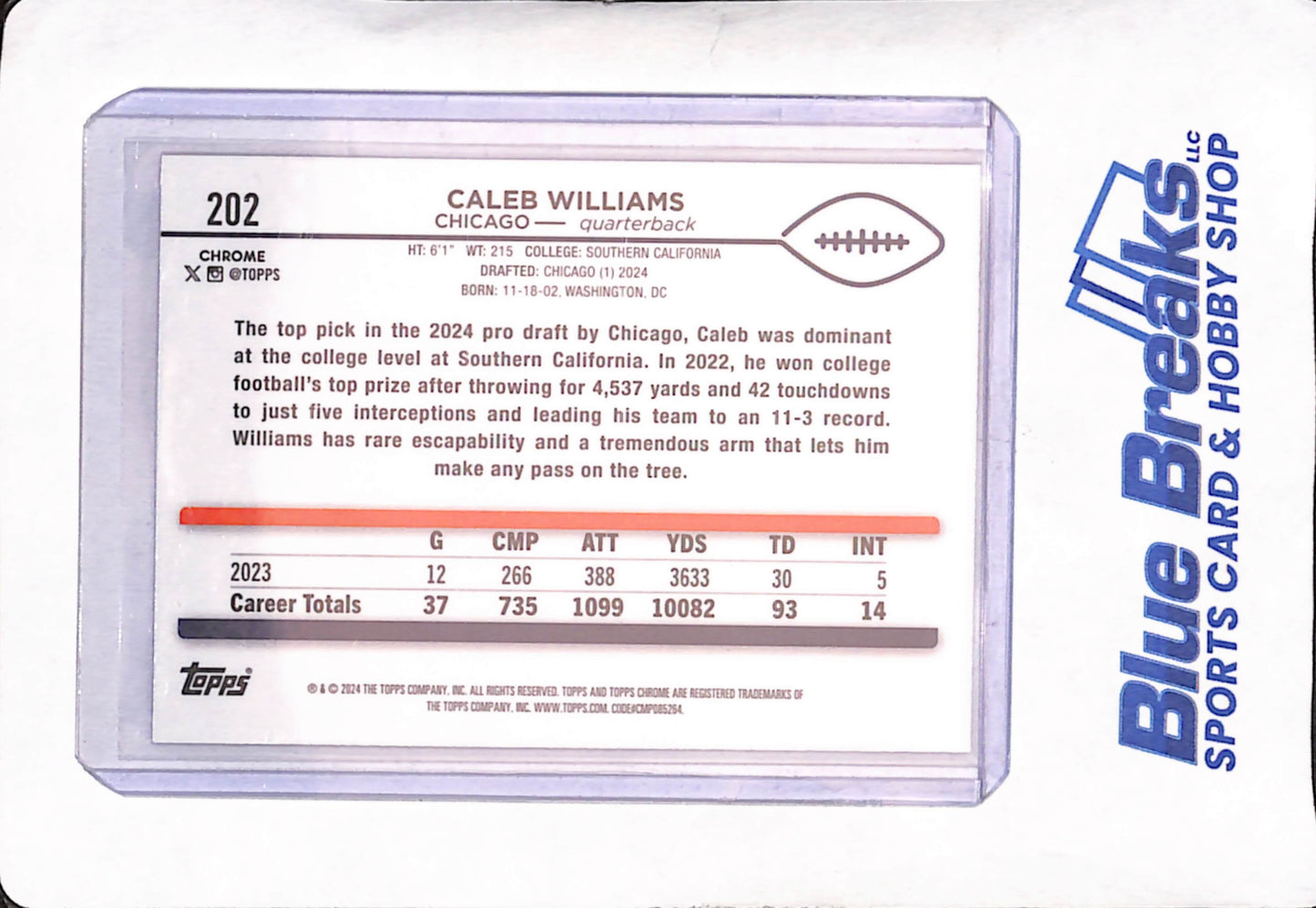 2024 Topps Chrome - Caleb Williams - Pink RC - Chicago Bears - Football - #202