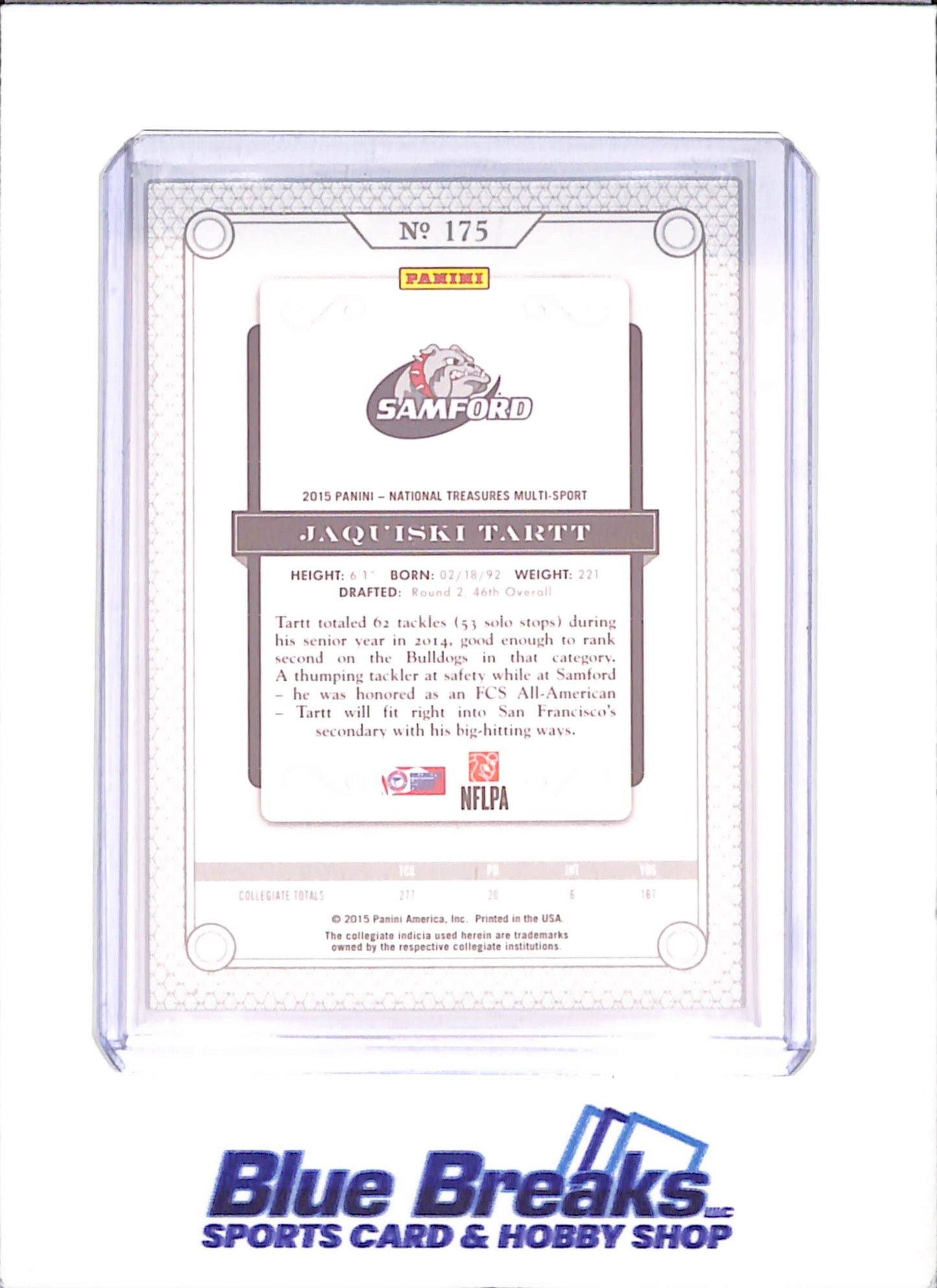 2015 Panini National Treasures - Jasquiski Tartt - RC - 4/10 - Samford Bulldogs - Football - #175 - drop