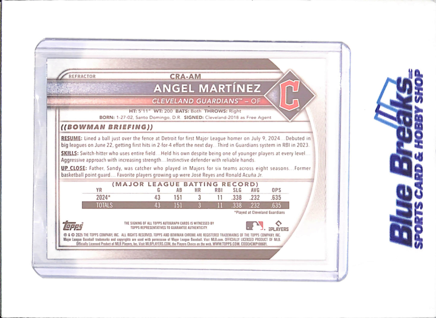 2025 Bowman Chrome - Angel Martinez - Refractor Autograph - RC - 314/499 - Cleveland Guardians - Baseball - #CRA-AM - drop