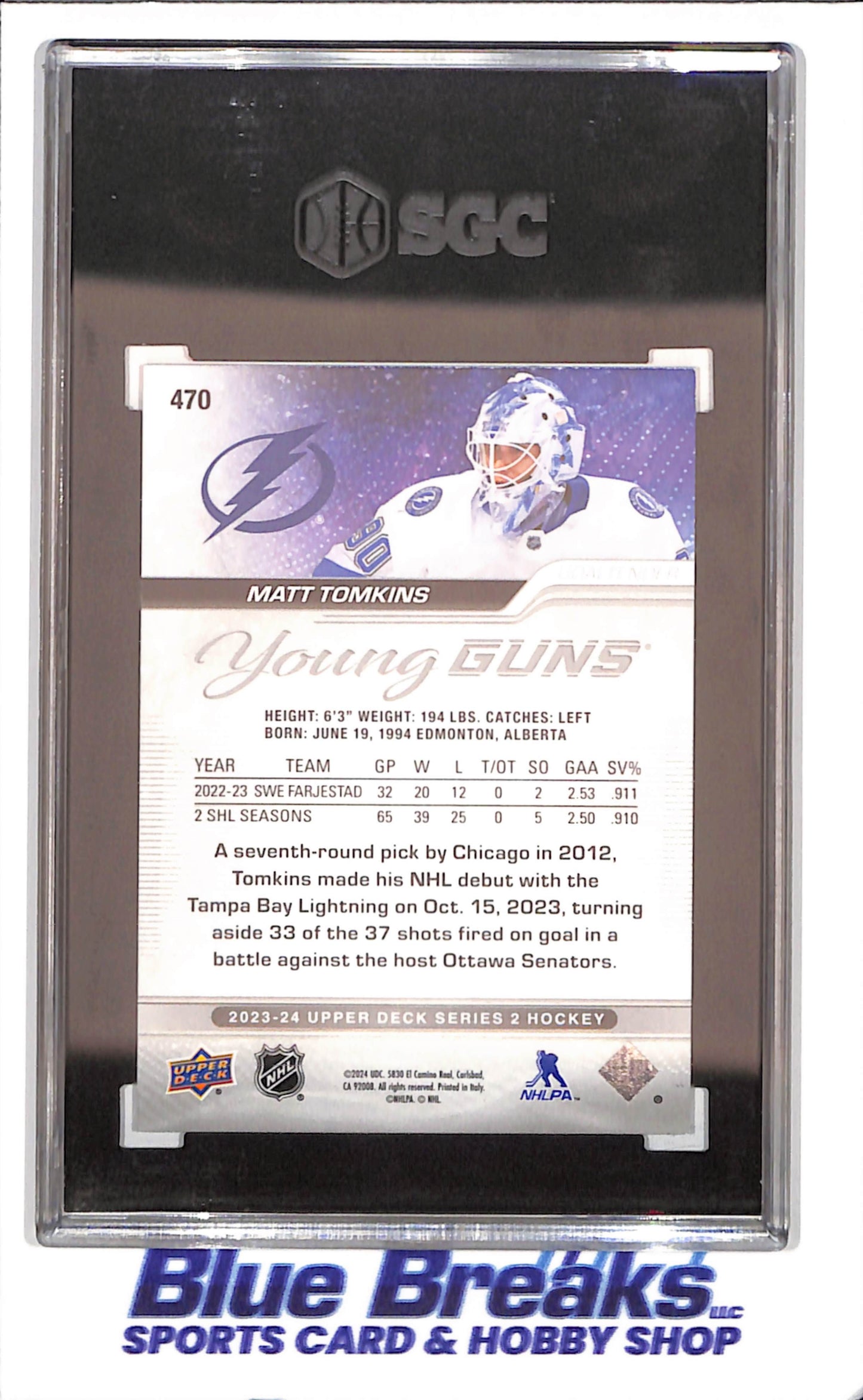 2023-24 Upper Deck - Matt Tomkins - Young Guns - Outburst Red - 5/25 - SGC 9 - Tampa Bay Lightning - Hockey - #470 - drop