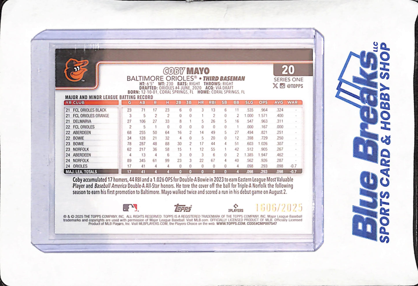 2025 Topps - Coby Mayo - Gold - Baltimore Orioles - Baseball - 1606/2025 - #20