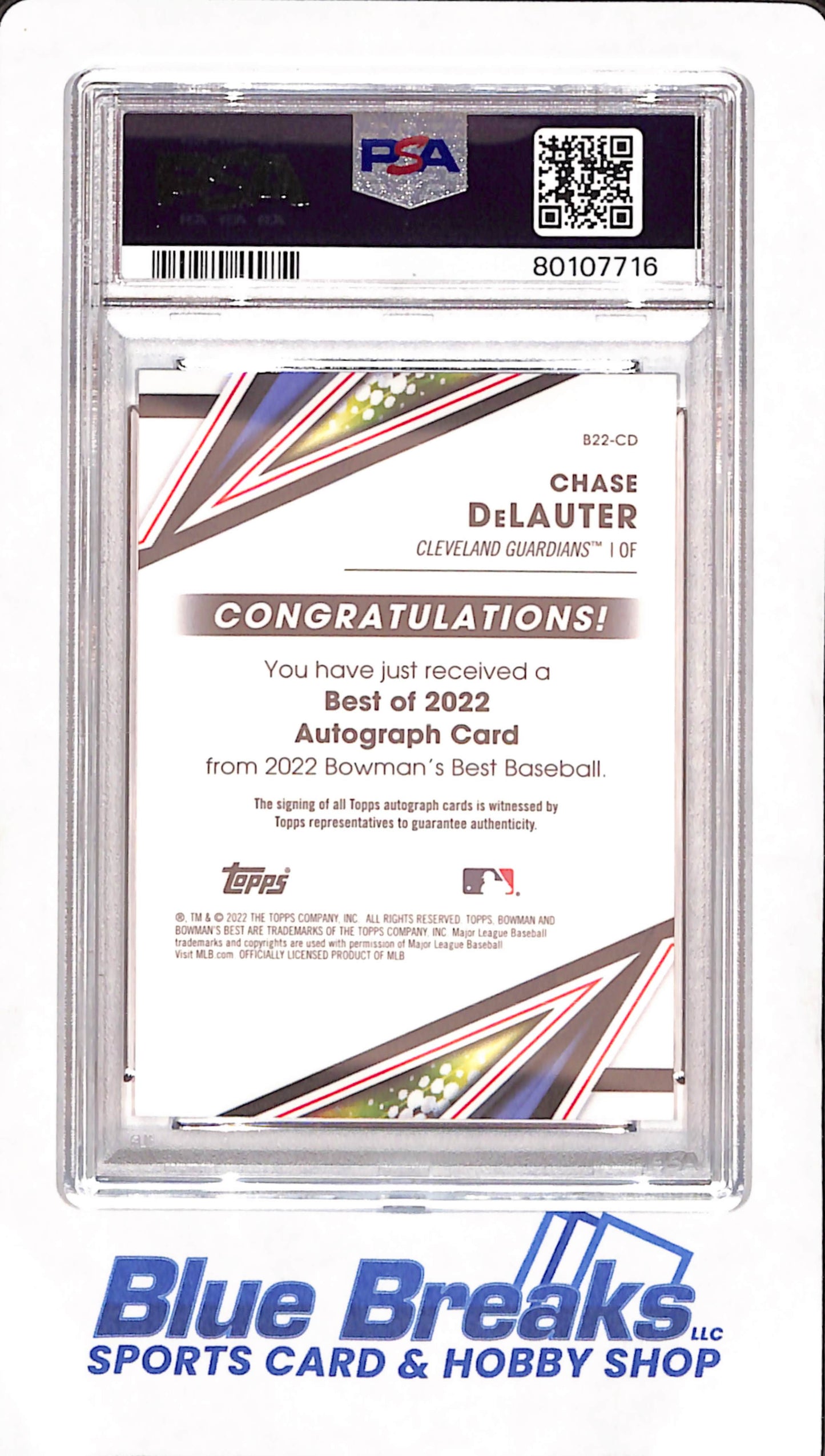 2022 Bowman's Best - Chase Delauter - Best of 2022 Autograph - PSA Mint 9 - Cleveland Guardians - Baseball - #B22CD