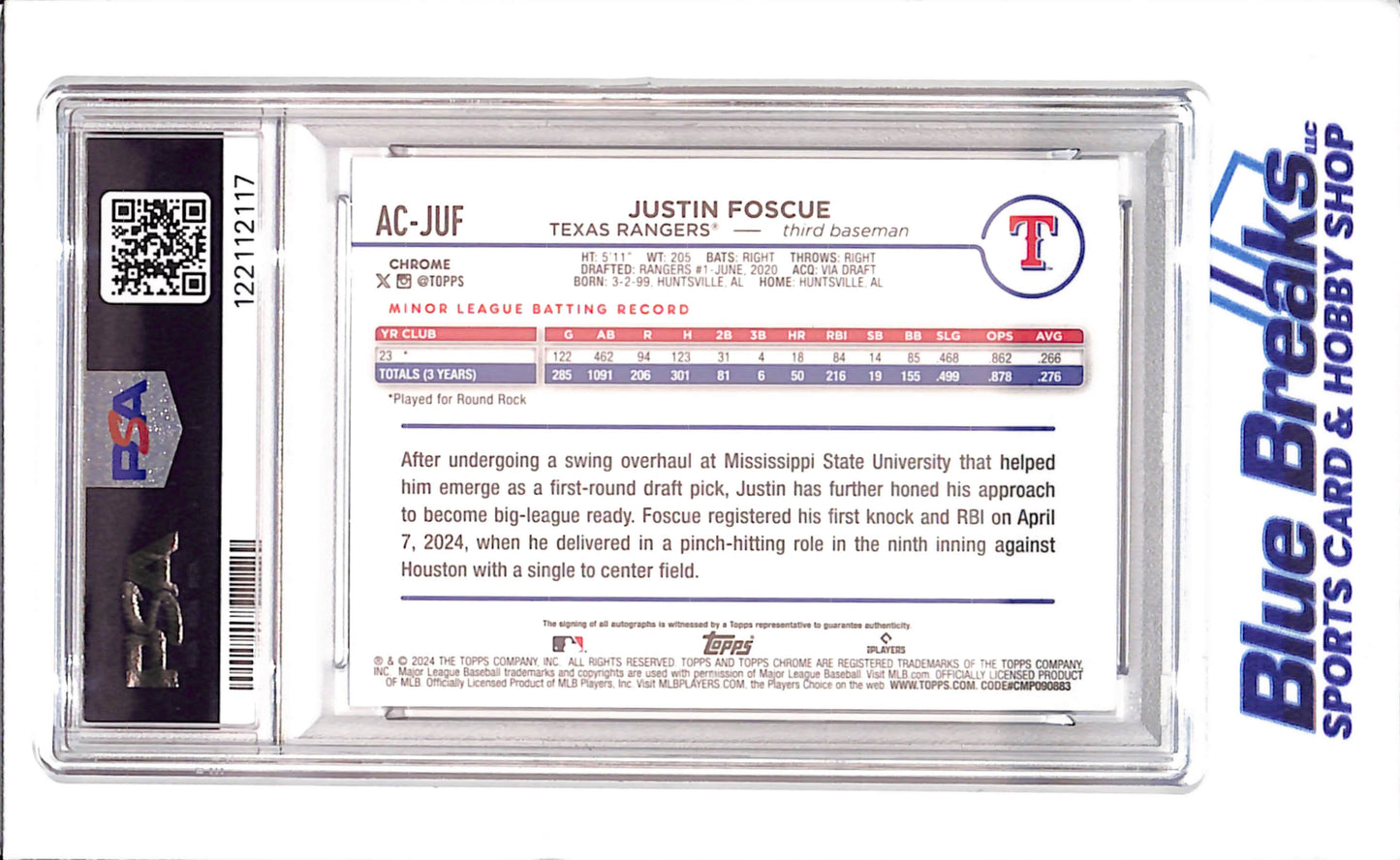 2024 Topps Justin Chrome Update - Justin Foscue - Blue Auto Refractor - 104/150 - RC - PSA/DNA 8/Auto 10 - Texas Rangers - Baseball - #AC-JUF - drop