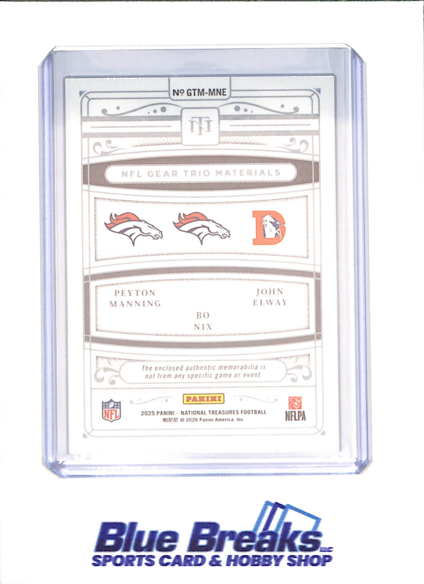 2025 Panini National Treasures - Peyton Manning - Bo Nix - John Elway - NFL Gear Trio Materials - 11/25 - Denver Broncos - Football - #GTM-MNE - drop