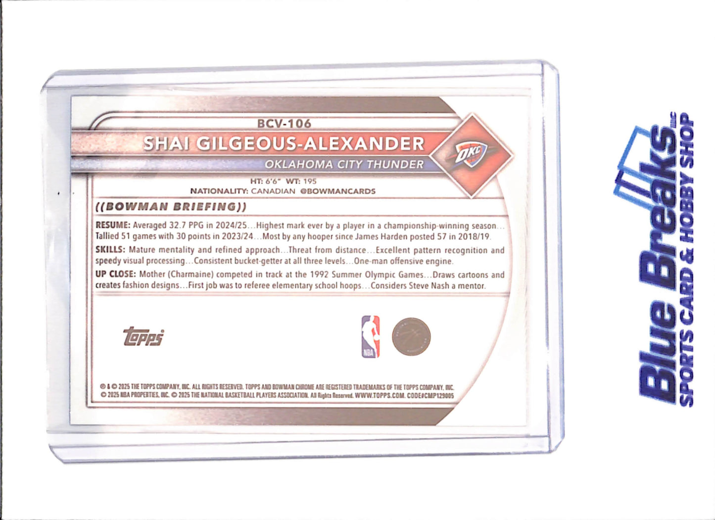 2025 Bowman Chrome Sapphire - Shai Gilgeous-Alexander - Oklahoma Thunder - Basketball - #BCV-106 - drop