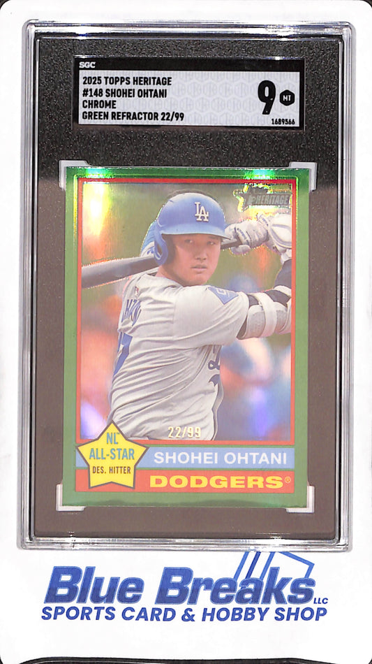 2025 Topps Heritage - Shohei Ohtani - Green Chrome Refractor - 22/99 - Los Angeles Dodgers - Baseball - SGC 9 - #148
