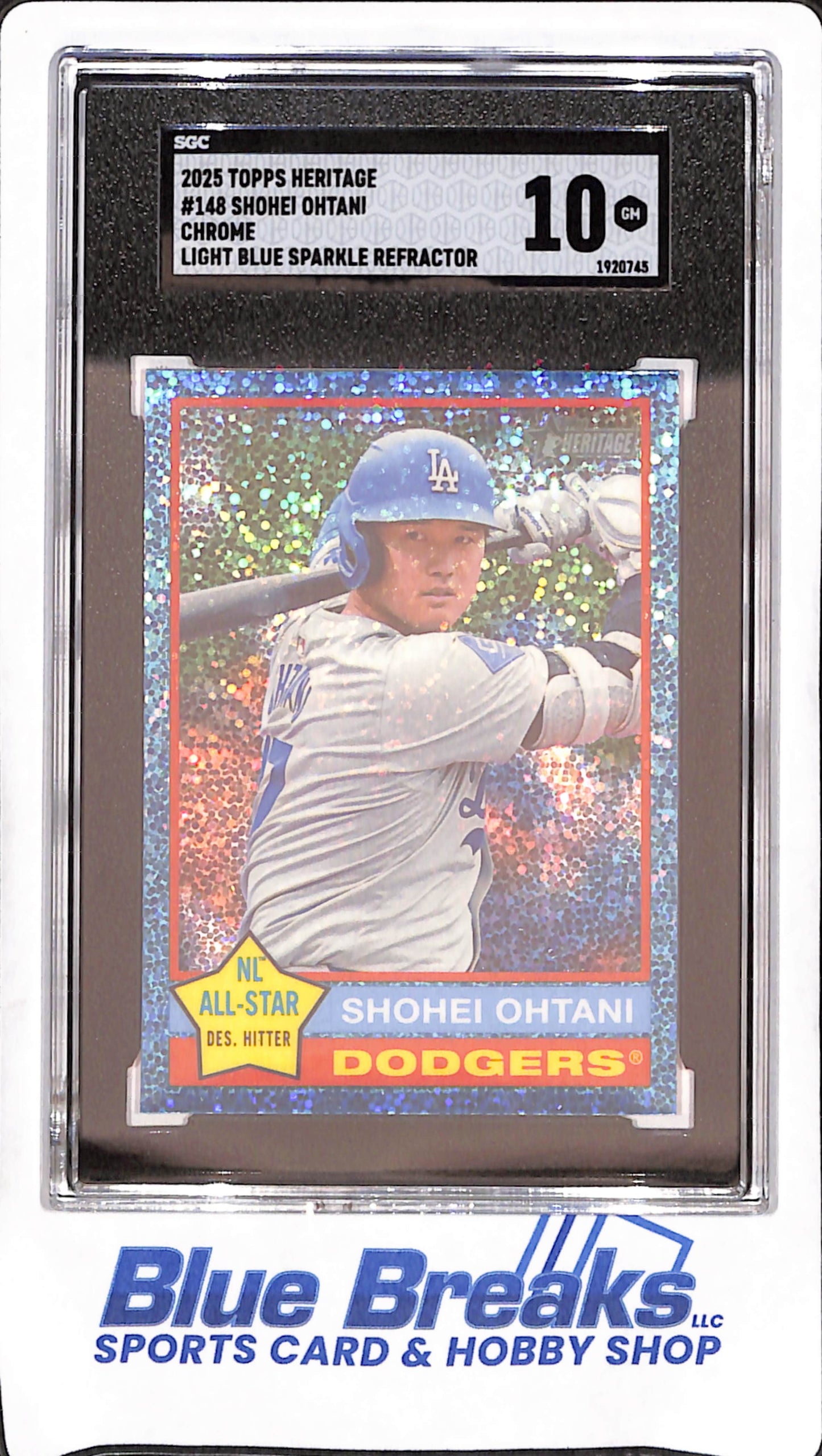 2025 Topps Heritage - Shohei Ohtani - Light Blue Sparkle Chrome Refractor - Los Angeles Dodgers - Baseball - SGC 10 - #148