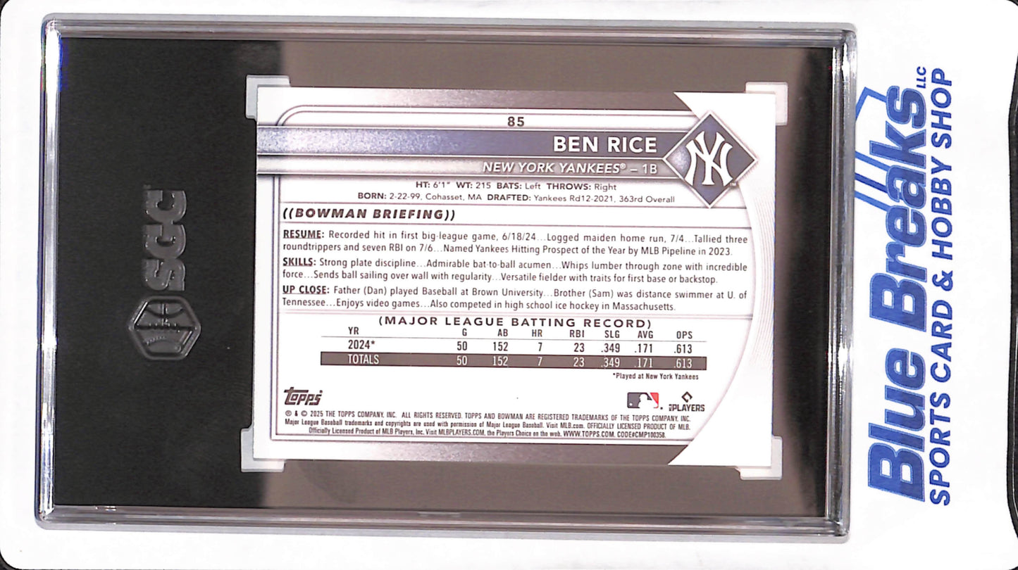 2025 Bowman - Ben Rice - Green Border RC - 15/99 - New York Yankees - Baseball - SGC 9.5 - #85