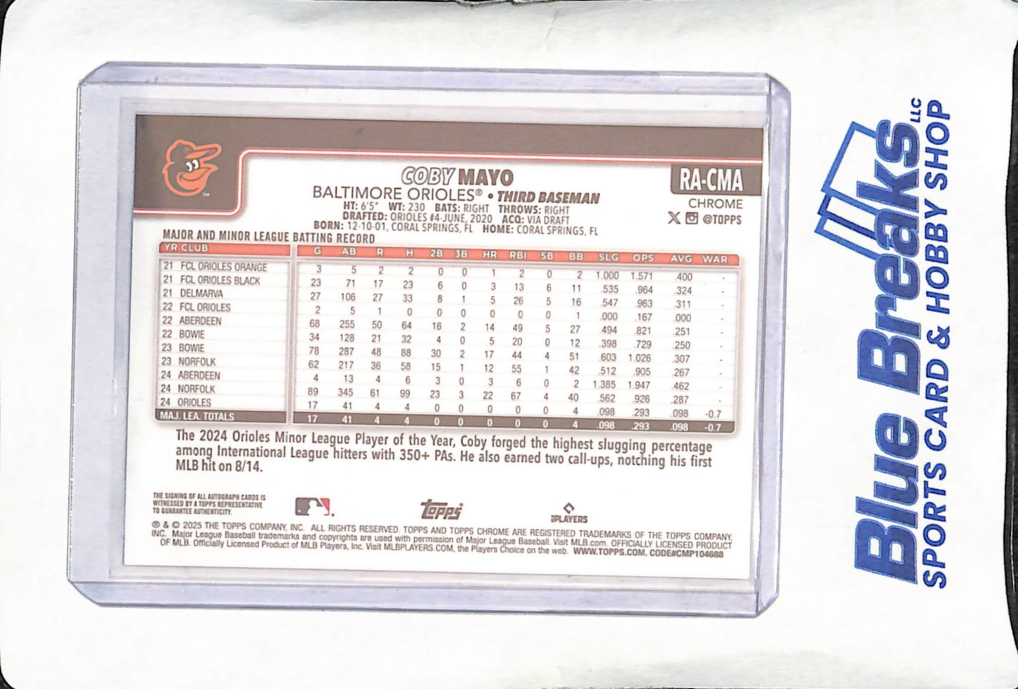 2025 Topps Chrome - Coby Mayo - RC Autograph - Baltimore Orioles - Baseball - #RA-CMA