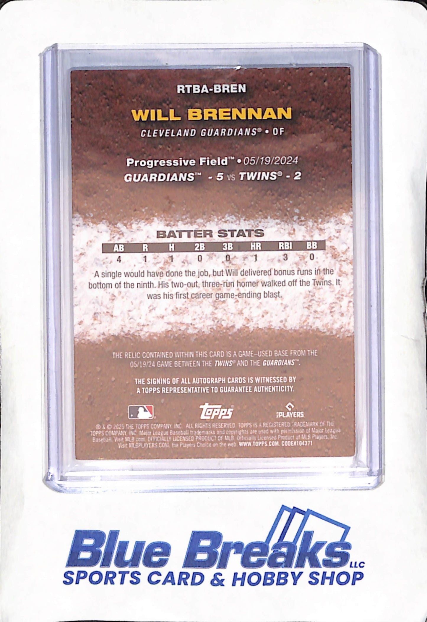 2025  Topps - Will Brennan - Autograph Relic - 2/50 - Cleveland Guardians - Baseball - #RTBA-BREN