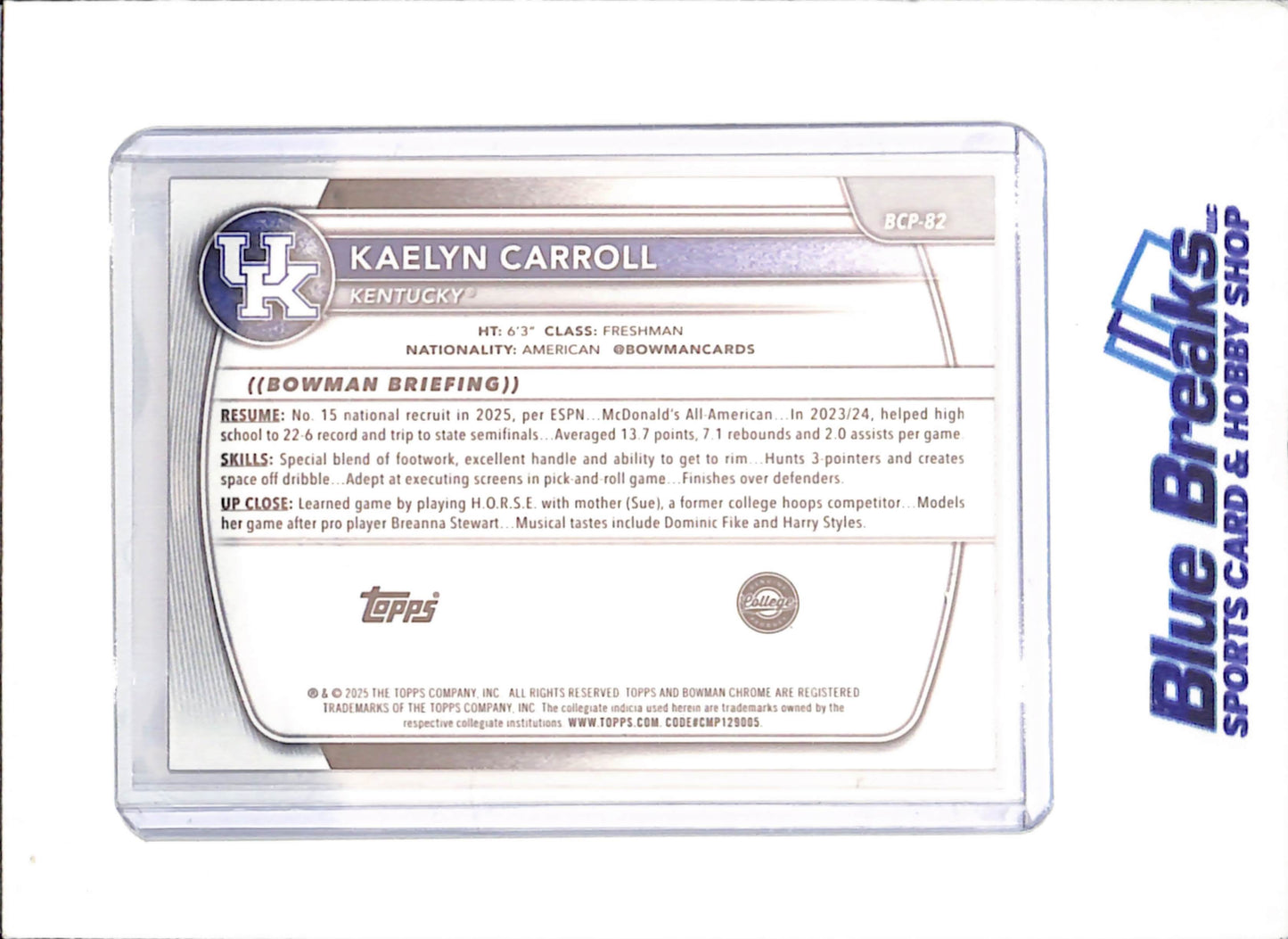 2025-26 Bowman U Chrome Sapphire - Kaelyn Carroll - 1st Bowman Orange - 5/25 - University of Kentucky - Basketball - #BCP-82