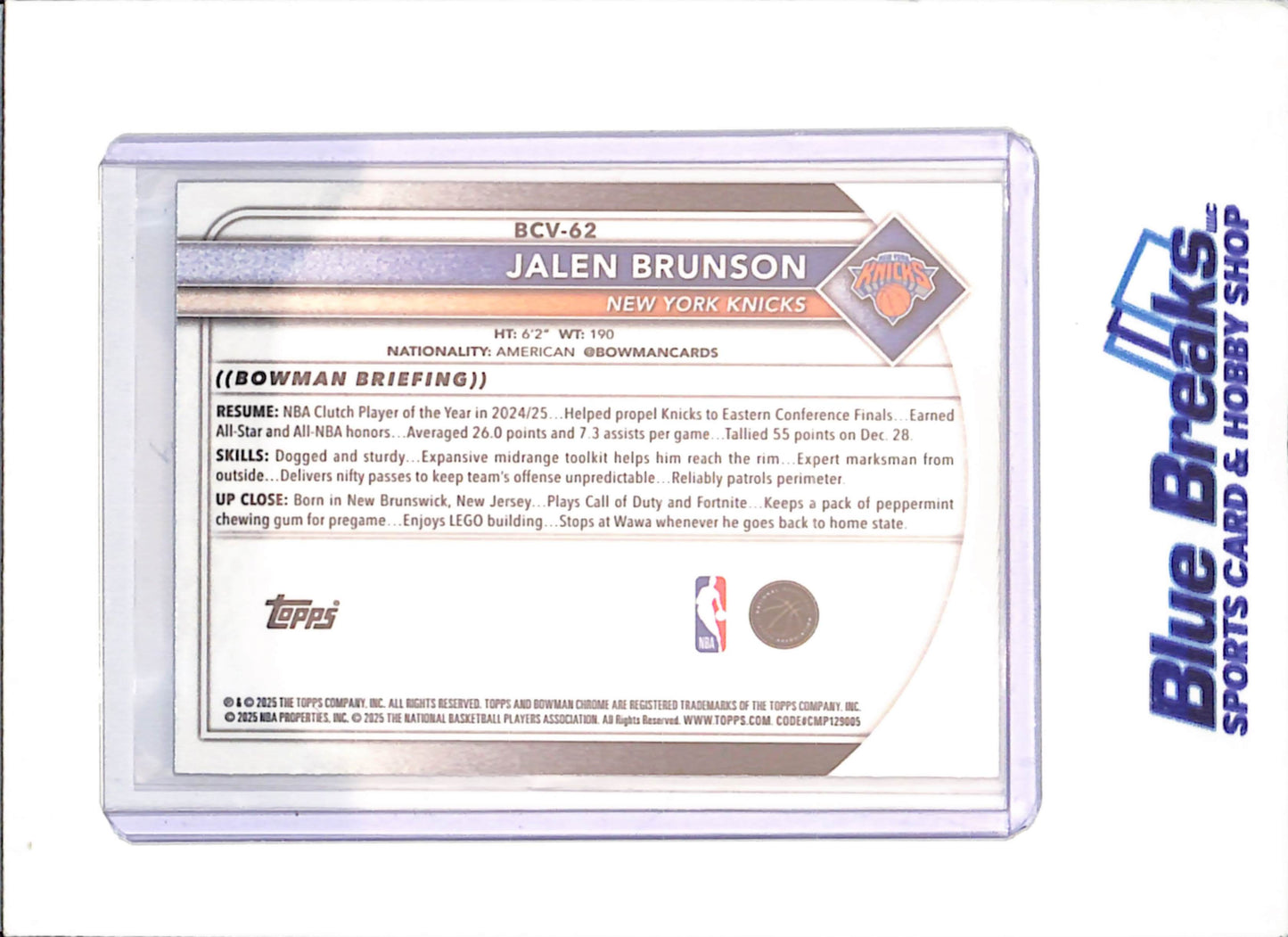 2025-26 Bowman Chrome - Jalen Brunson - 20/150 - Blue Reptilian - New York Knicks - Basketball - #BCV-62