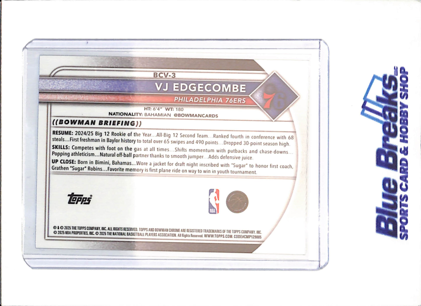 2025-26 Bowman Chrome Sapphire - VJ Edgecombe - RC - Philadelphia 76ers - Basketball - #BCV-3