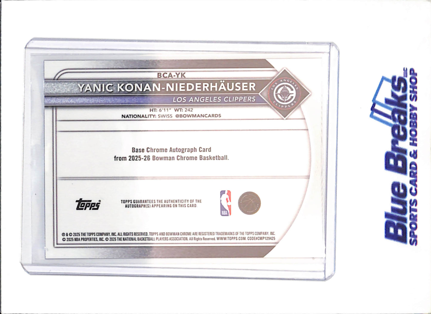 2025-26 Bowman Chrome - Yanic Konan-Niederhauser - Purple Autograph - RC - 63/250 - Los Angeles Clippers - Basketball - #BCA-YK