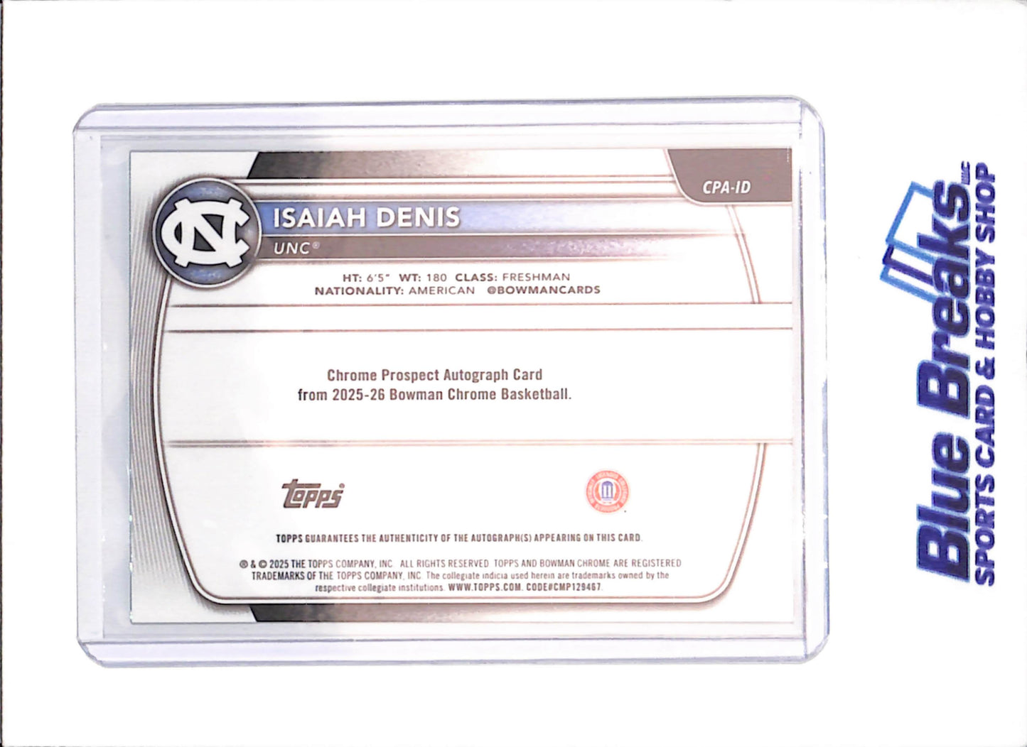 2025-26 Bowman U Chrome - Isaiah Dennis - 1st Bowman Green Geometric Autograph - 8/99 - University of North Carolina - Basketball - #CPA-ID