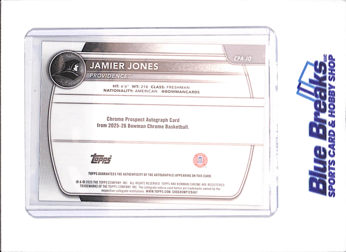 2025-26 Bowman U Chrome - Jamier Jones - 1st Bowman Black Geometric Autograph - 3/10 - Providence - Basketball - #CPA-JO