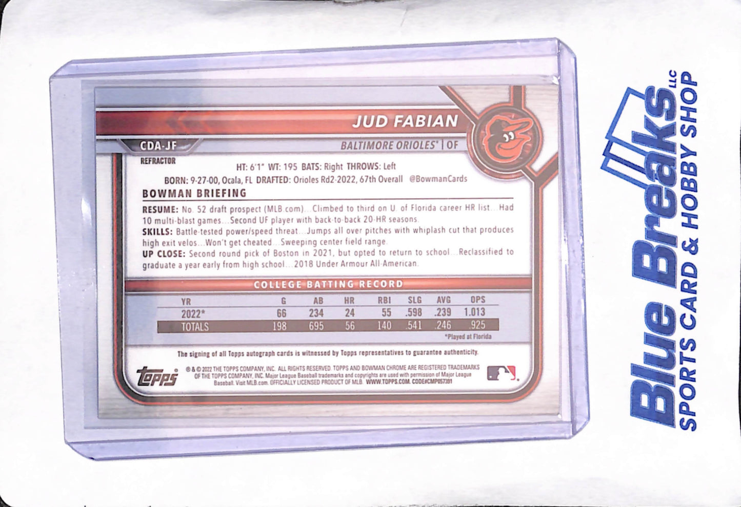 2022 Bowman Chrome Draft - Jud Fabian - Bowman 1st Autograph - 339/499 - Baltimore Orioles - Baseball - #CDA-JF