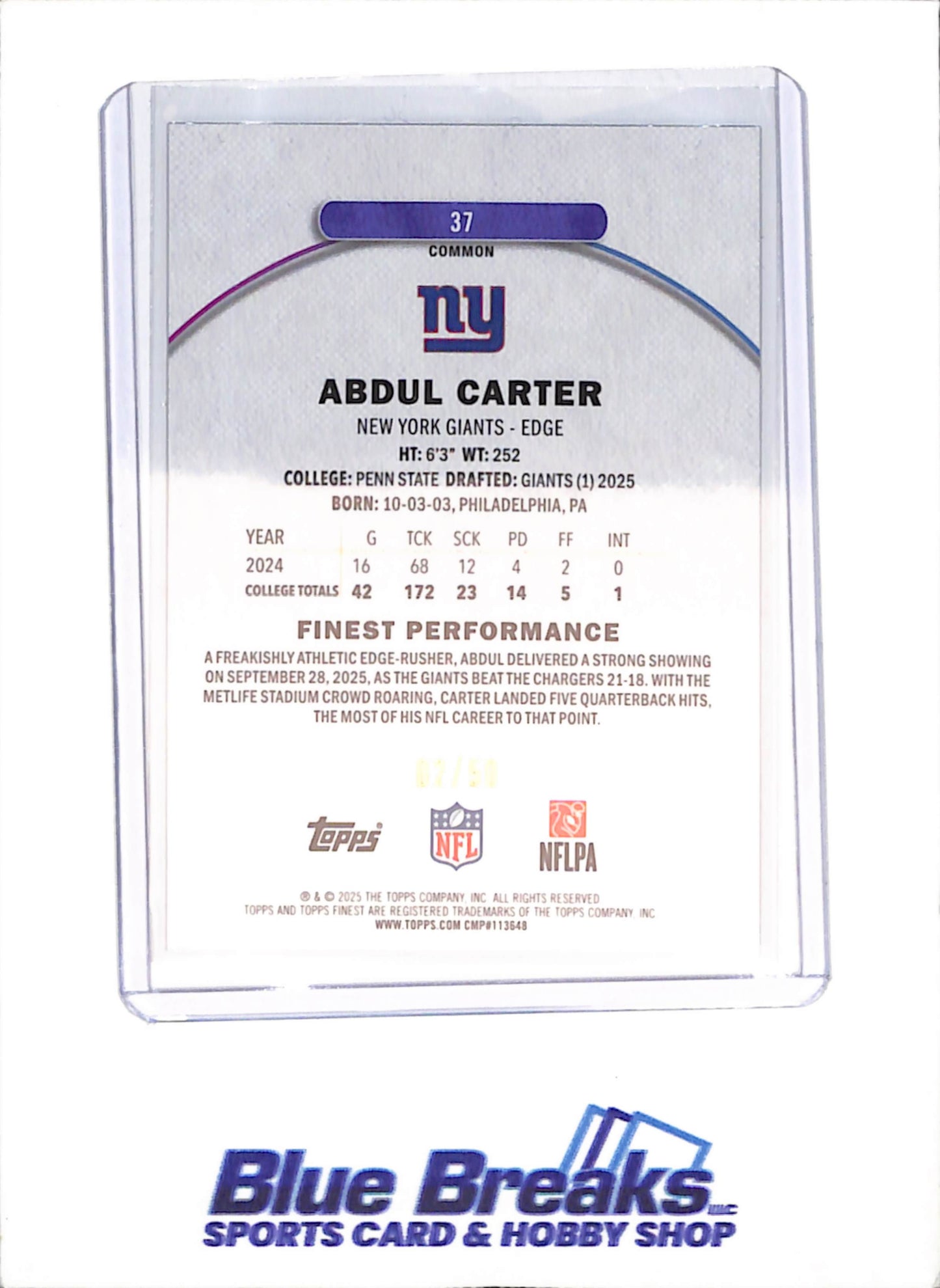 2025 Topps Finest - Abdul Carter - Gold Geometric - 2/50 - RC - New York Giants - Football - #37