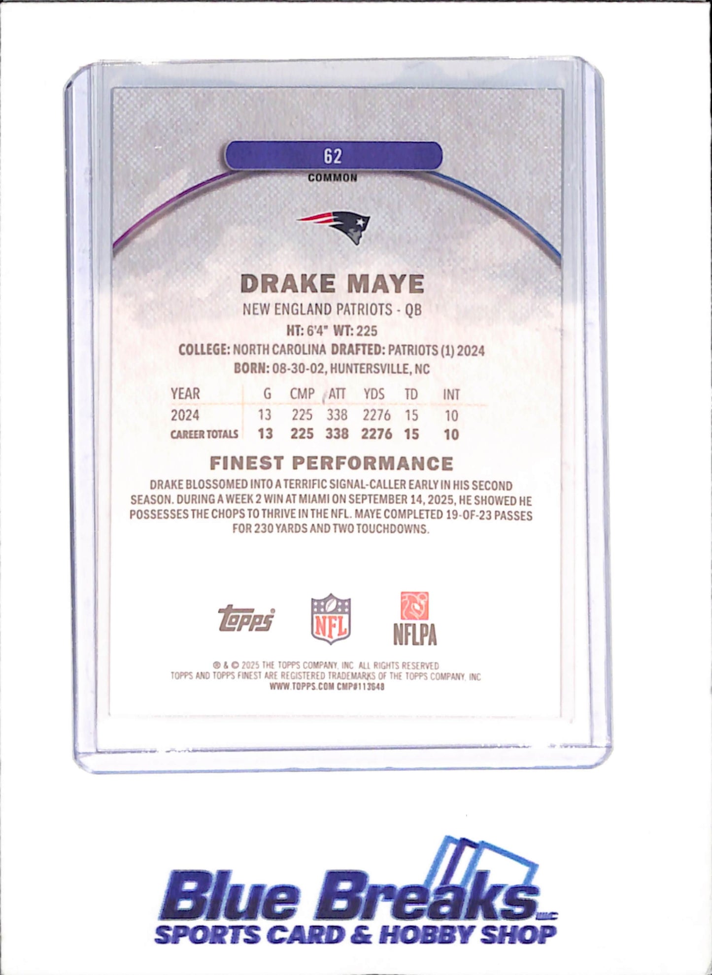 2025 Topps Finest - Drake Maye - Purple - 231/250 - New England Patriots - Football - #62