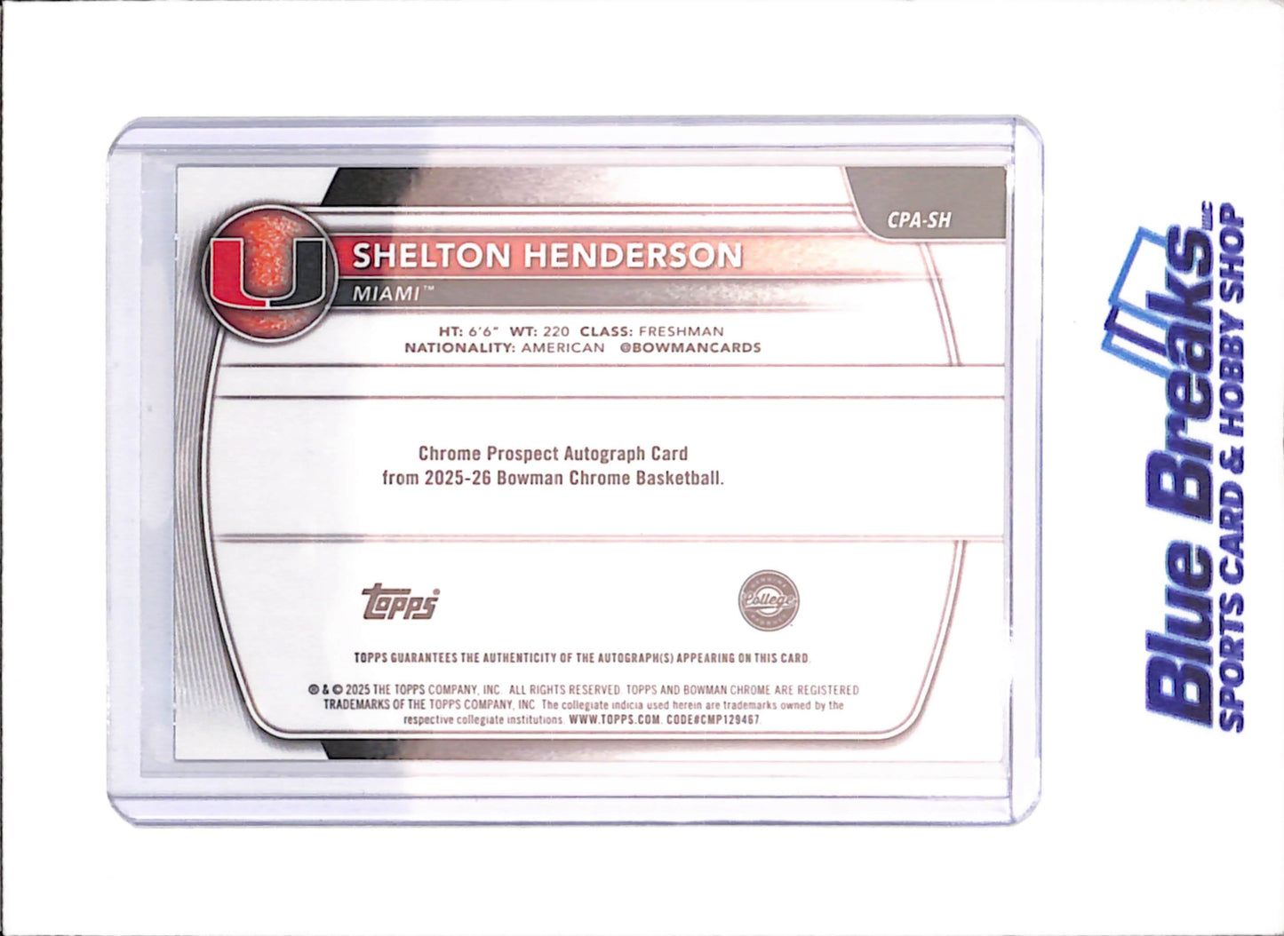 2025-26 Bowman U Chrome - Shelton Henderson - 1st Bowman Speckle Autograph - 120/299 - Miami Hurricanes - Basketball - #CPA-SH