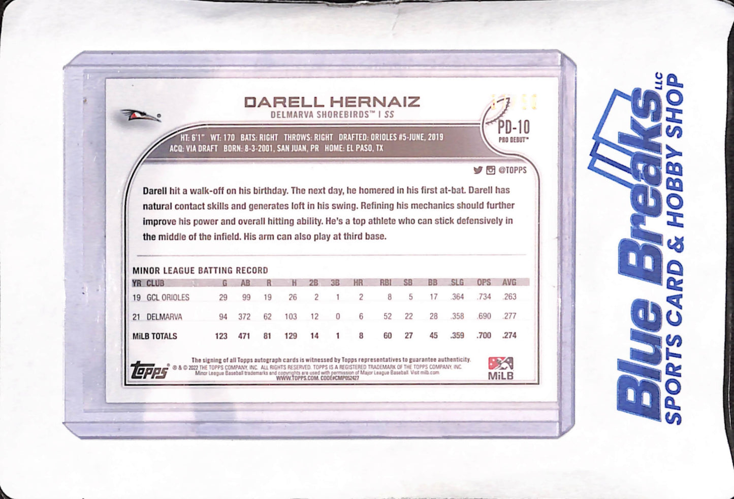 2022 Topps Pro Debut - Darell Hernaiz - Autograph - 30/50 - Delmarva Shorebirds - Baseball - #PD-10