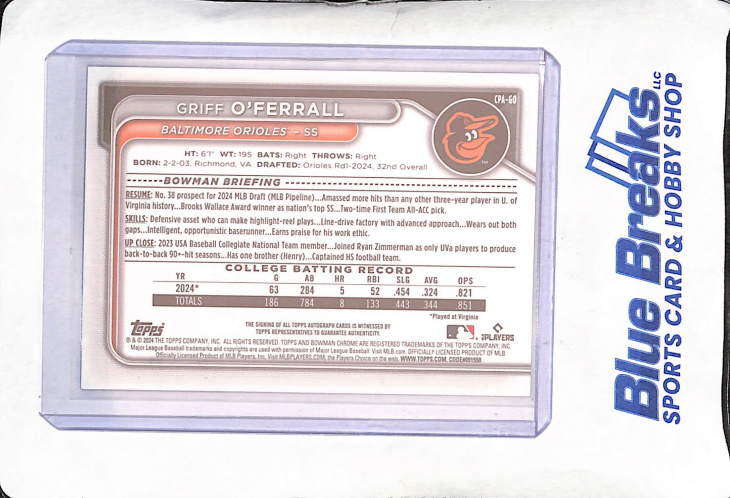 2024 Bowman Chrome - Griff O'Ferrall - 1st Bowman Blue Autograph 0 52/150 - Baltimore Orioles - Baseball - #CPA-GO