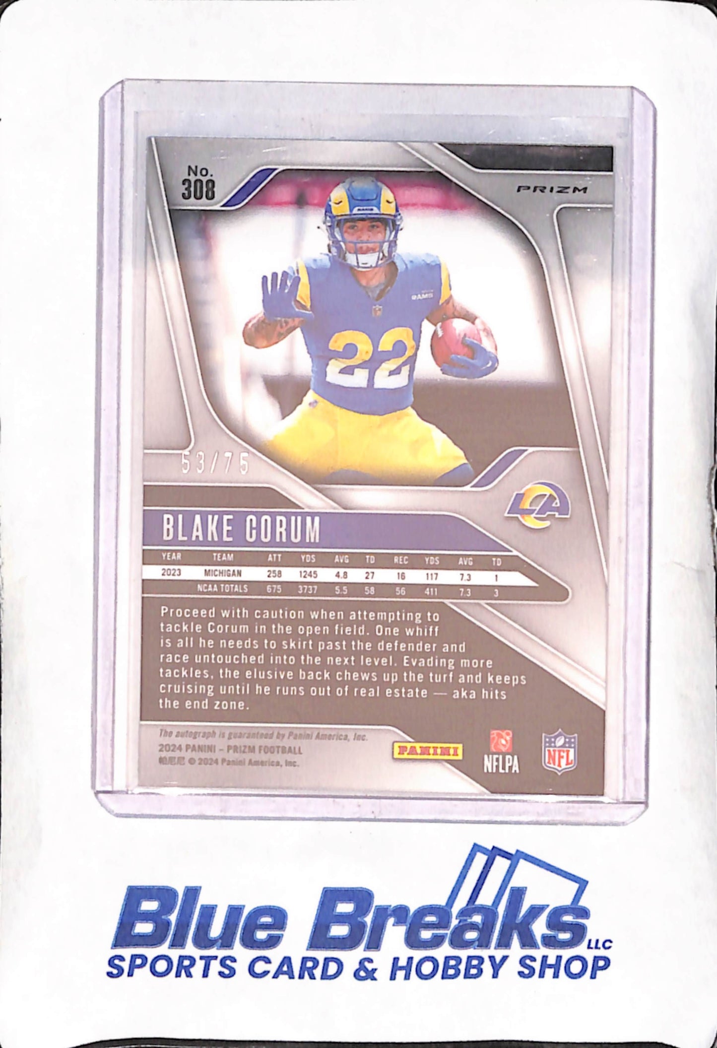 2024 Panini Prizm - Bake Corum - Green Scope Autograph RC - 53/75 - Los Angeles Rams - Football - #308
