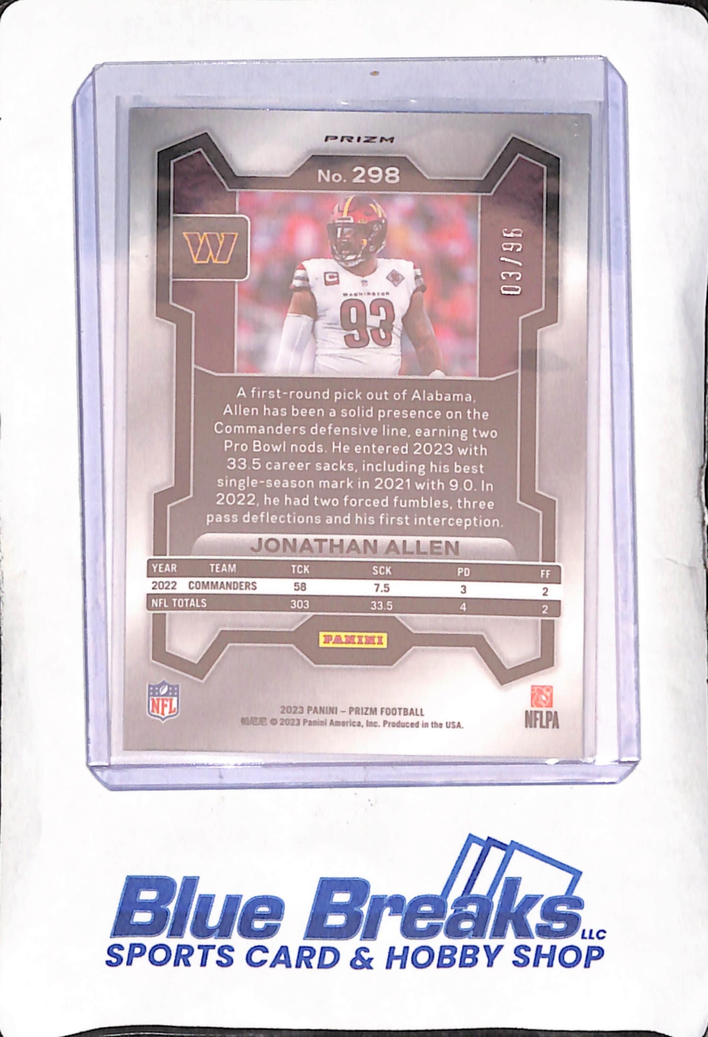 2023 Panini Prizm - Jonathan Allen - Blue Sparkle - 3/96 - Washington Commanders - Football - #298