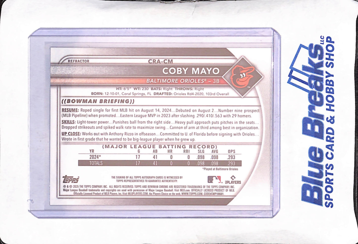 2025 Bowman Chrome - Coby Mayo - Autograph - RC - 303/499 - Baltimore Orioles - Baseball - #CRA-CM