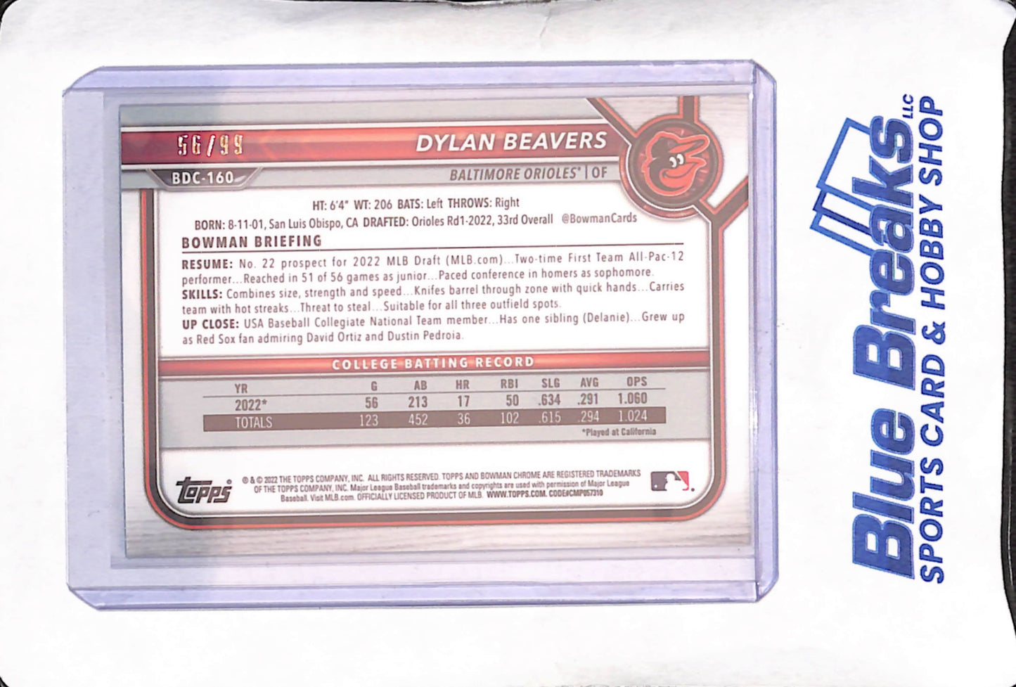 2022 Bowman Draft Chrome - Dylan Beavers - Green Sparkle Refractor Bowman 1st - 56/99 - Baltimore Orioles - Baseball - #BDC-160