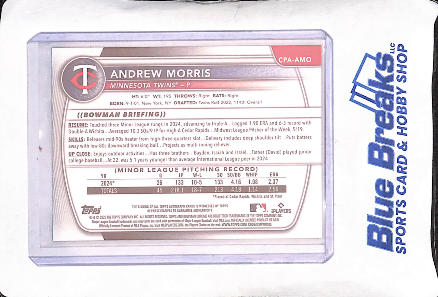 2025 Bowman Chrome - Andrew Morris - Green Lava 1st Bowman - Autograph -57/99 -Minnesota Twins - Baseball - #CPA-AMO