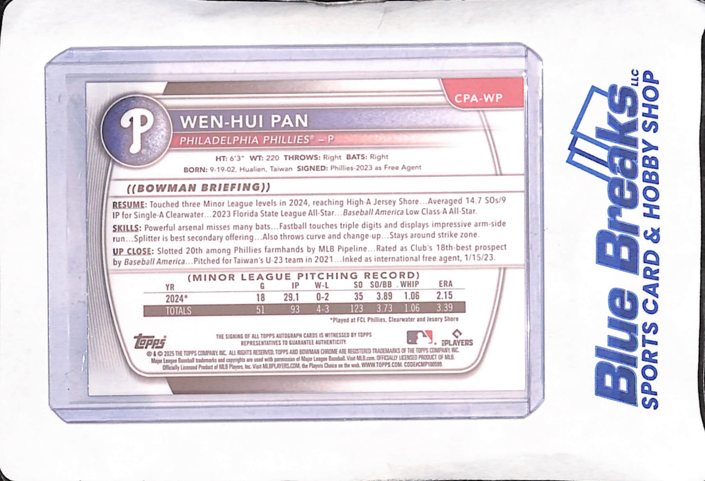 2025 Bowman Chrome - Wen-Hui Pan - Sparkle 1st Bowman - Autograph - 92/299 - Philadelphia Phillies - Baseball - #CPA-WP