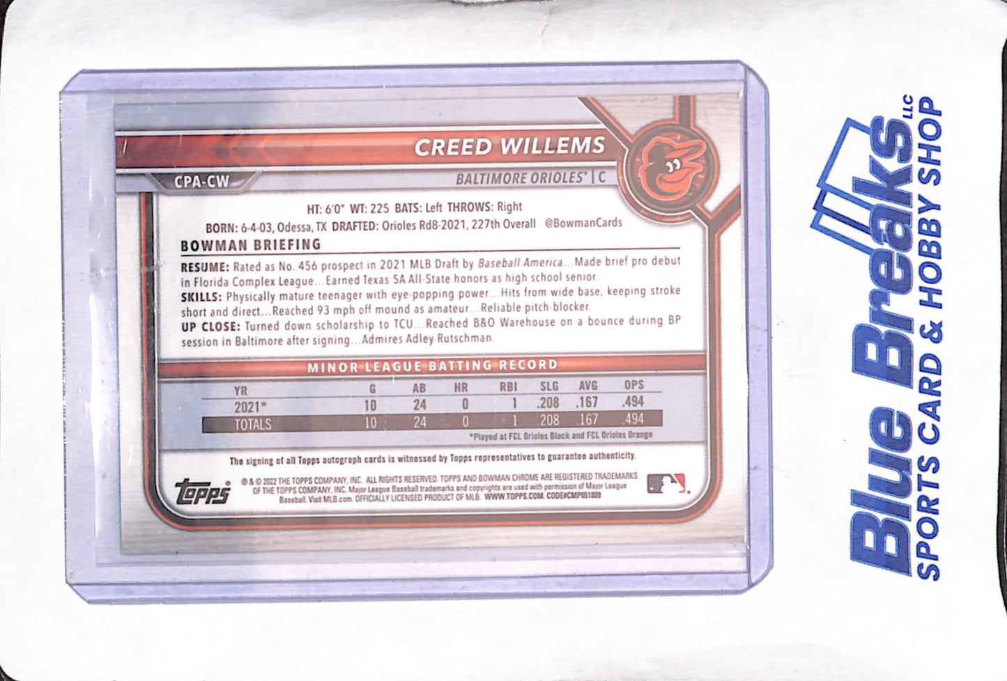 2022 Bowman Chrome - Creed Willems - Yellow Bowman 1st - Autograph - 66/75 - Baltimore Orioles - Baseball - #CPA-CW