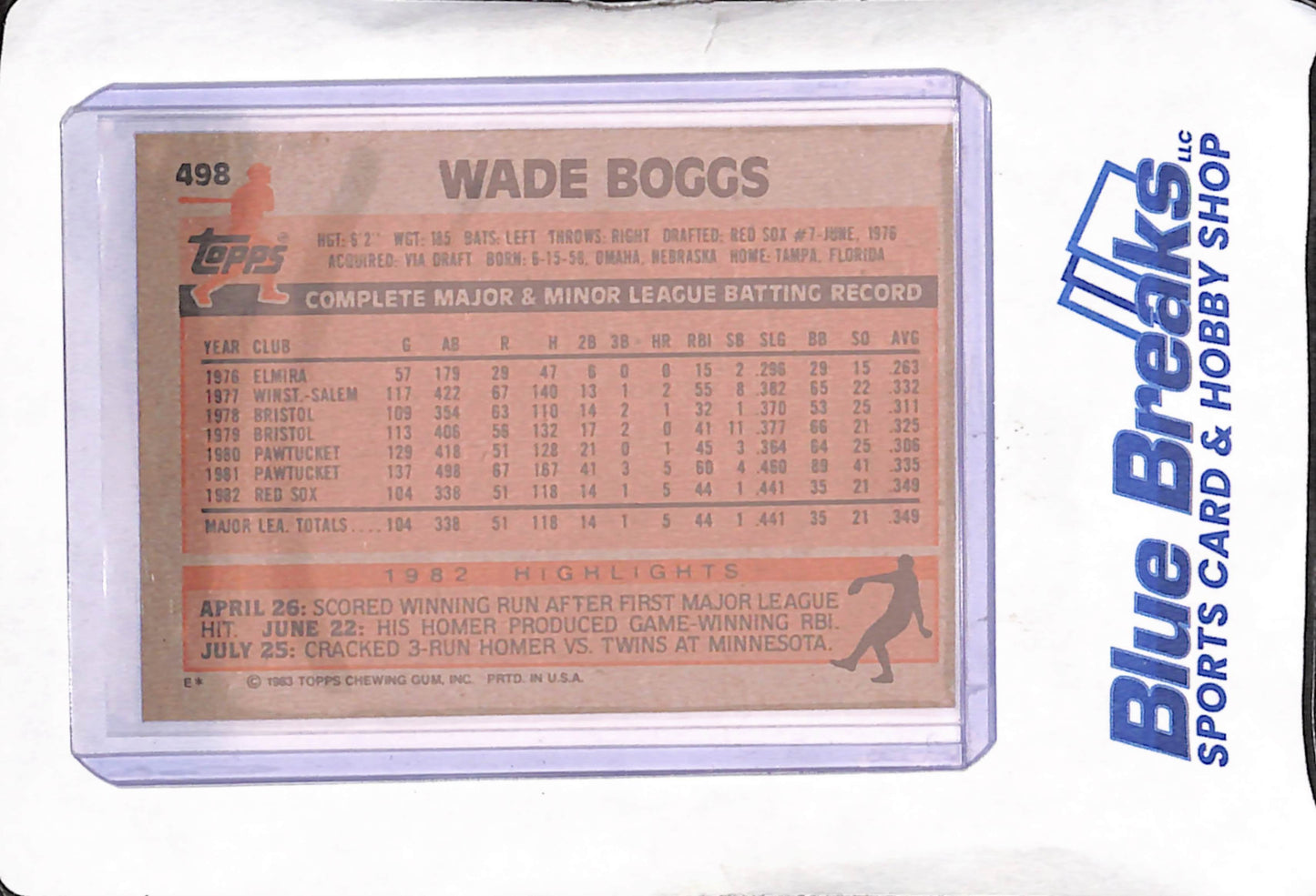 1983 Topps - Wade Boggs - RC - Boston Red Sox - Baseball - #498