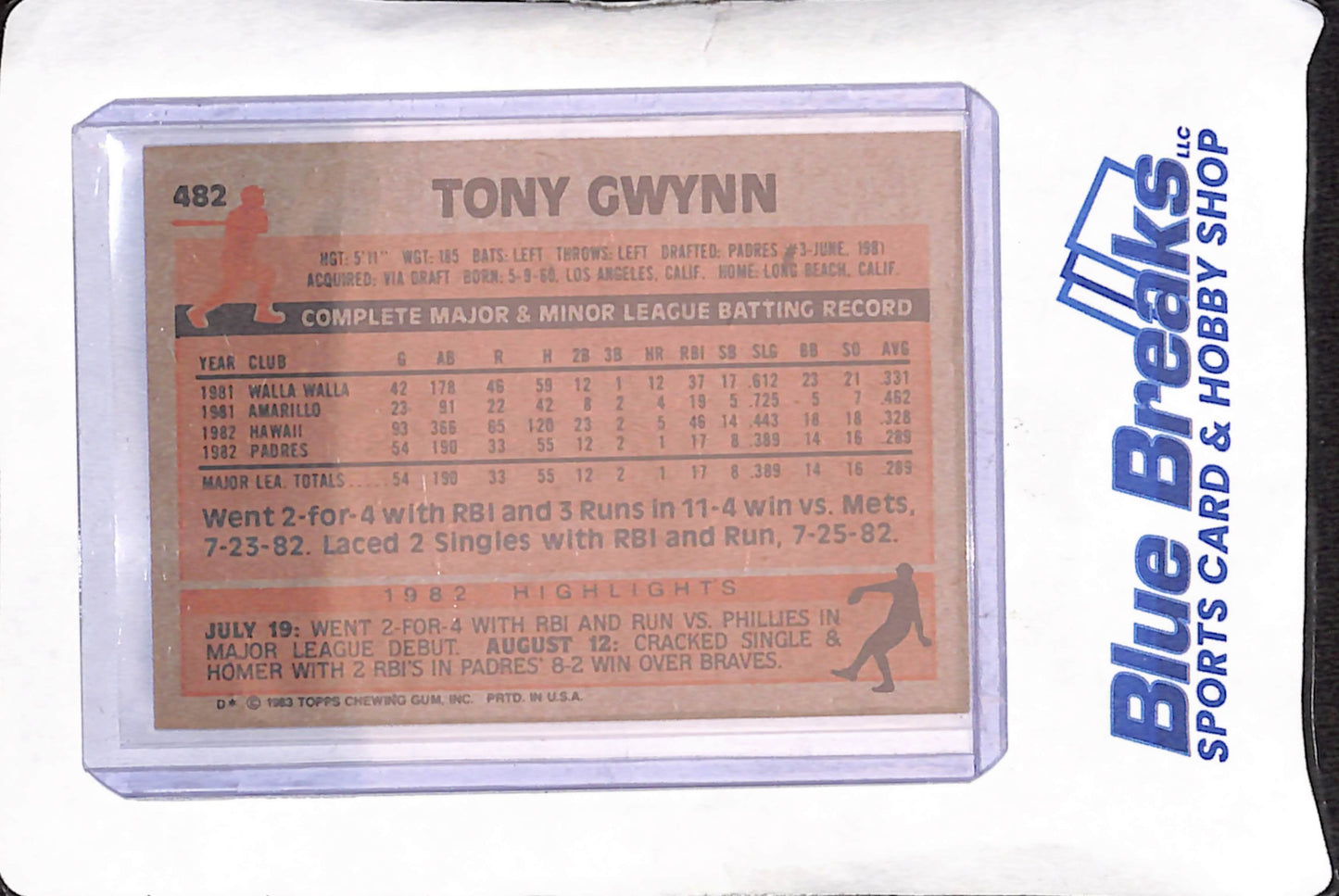 1983 Topps - Tony Gwynn - RC - San Diego Padres - Baseball - #482