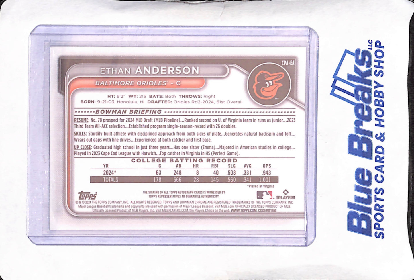 2024 Bowman Chrome - Ethan Anderson - 1st Bowman - Autograph - Baltimore Orioles - Baseball - #CPA-EA