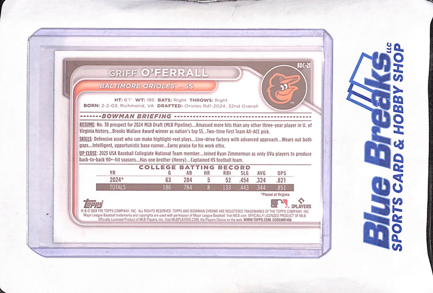 2024 Bowman Draft Chrome - Griff O'Ferrall - 1st Bowman Steel Metal - 27/100 - Baltimore Orioles - Baseball - #BDC-21