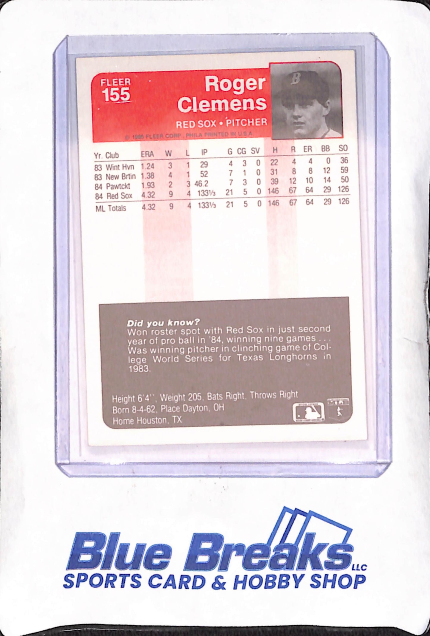 1985 Fleer - Roger Clemens RC - Boston Red Sox - Baseball - #155