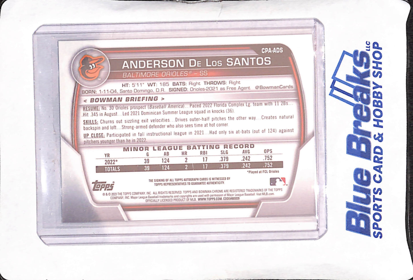 2023 Bowman Chrome - Anderson De Los Santos - 1st Bowman Autograph - Baltimore Orioles - Baseball - #CPA-ADS