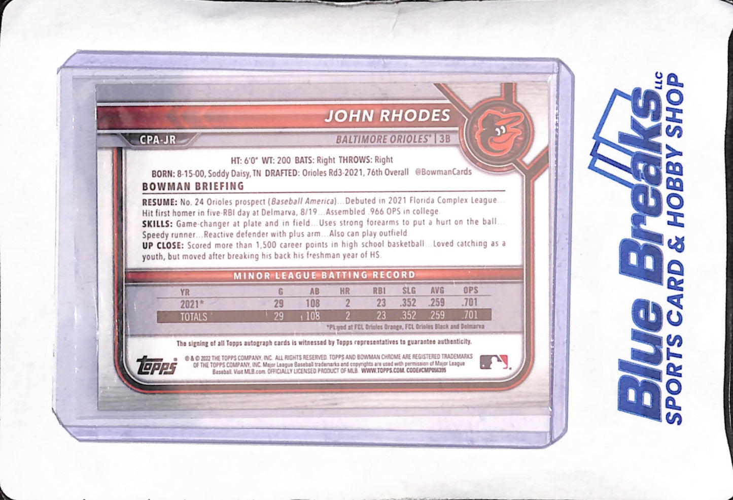 2022 Bowman Chrome - John Rhodes - Yellow Autograph - 7/75 - Baltimore Orioles - Baseball - #CPA-JR