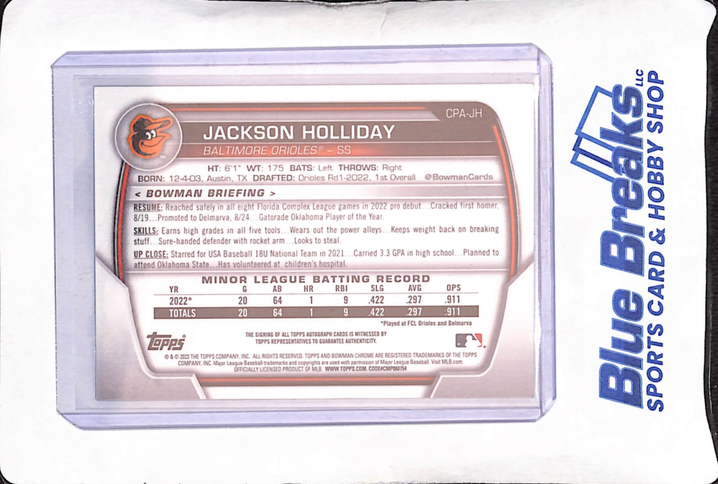 2023 Bowman Chrome - Jackson Holliday - Autograph - Baltimore Orioles - Baseball - #CPA-JH