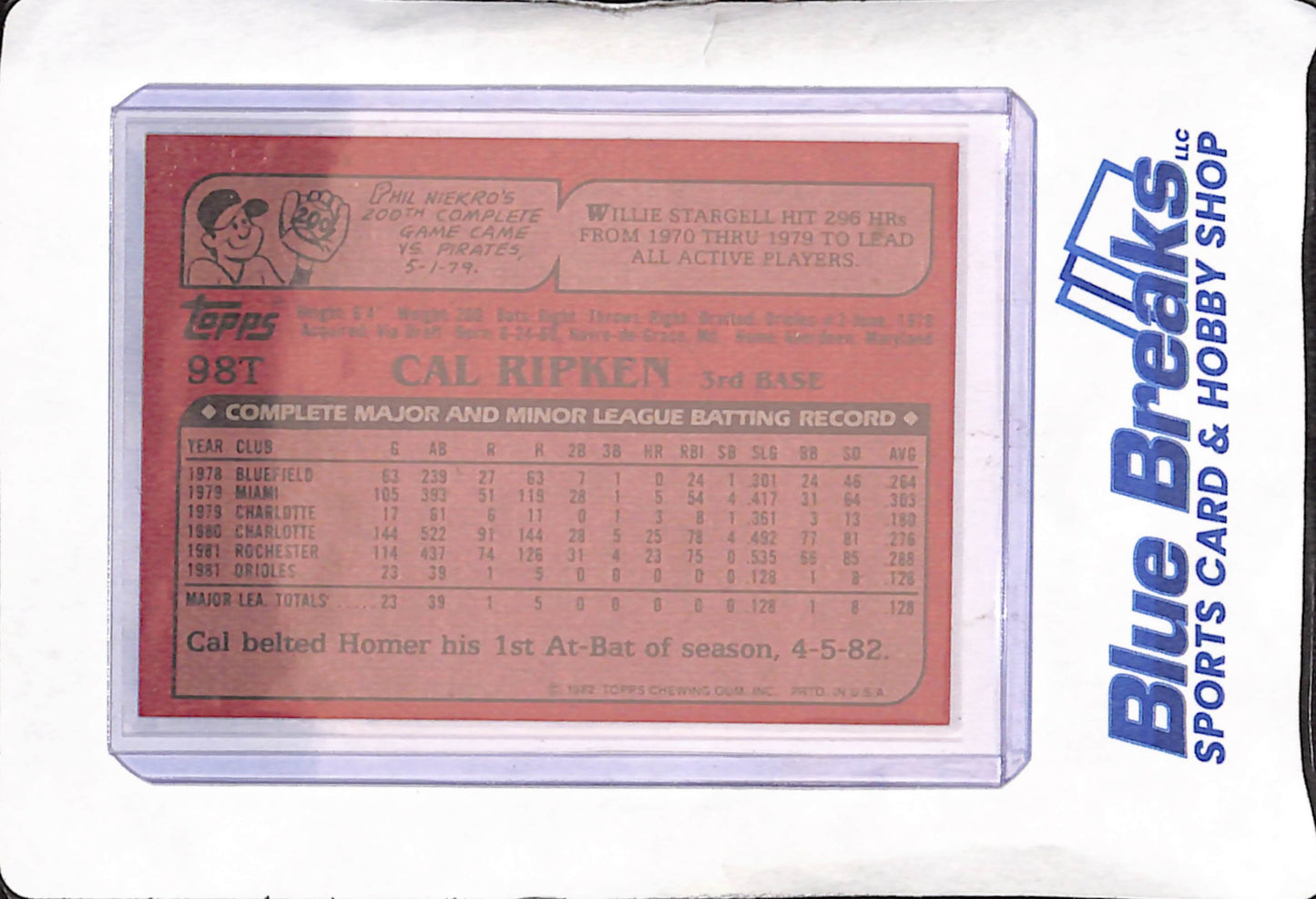1982 Topps Traded - Cal Ripken - RC- Baltimore Orioles - Baseball - #98T