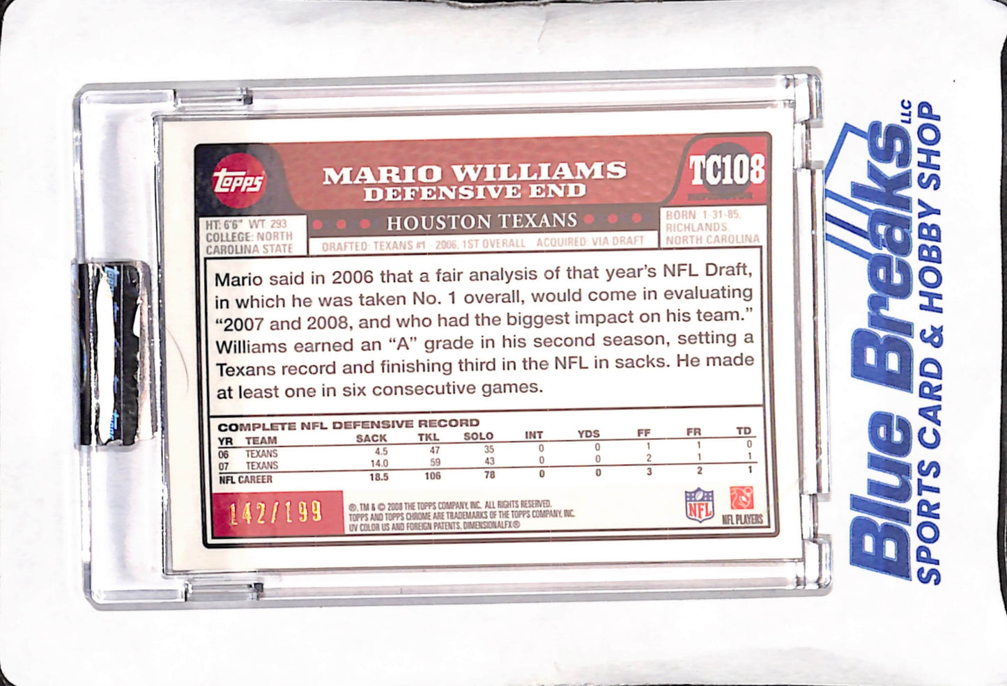 2008 Topps Chrome - Mario Williams - Gold Refractor - 142/199 - Houston Texans - Football - #TC108